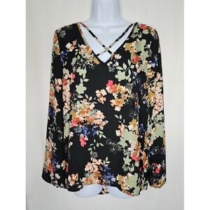Cupio Women's Floral V Neck Long-Sleeve Pullover Blouse Size Small